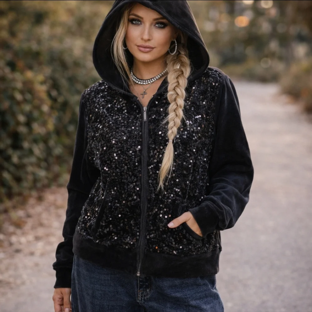 Y2K Onque Casuals Black Velour Zip Up Hooded Jacket Sparkles Sequins Front Sz L